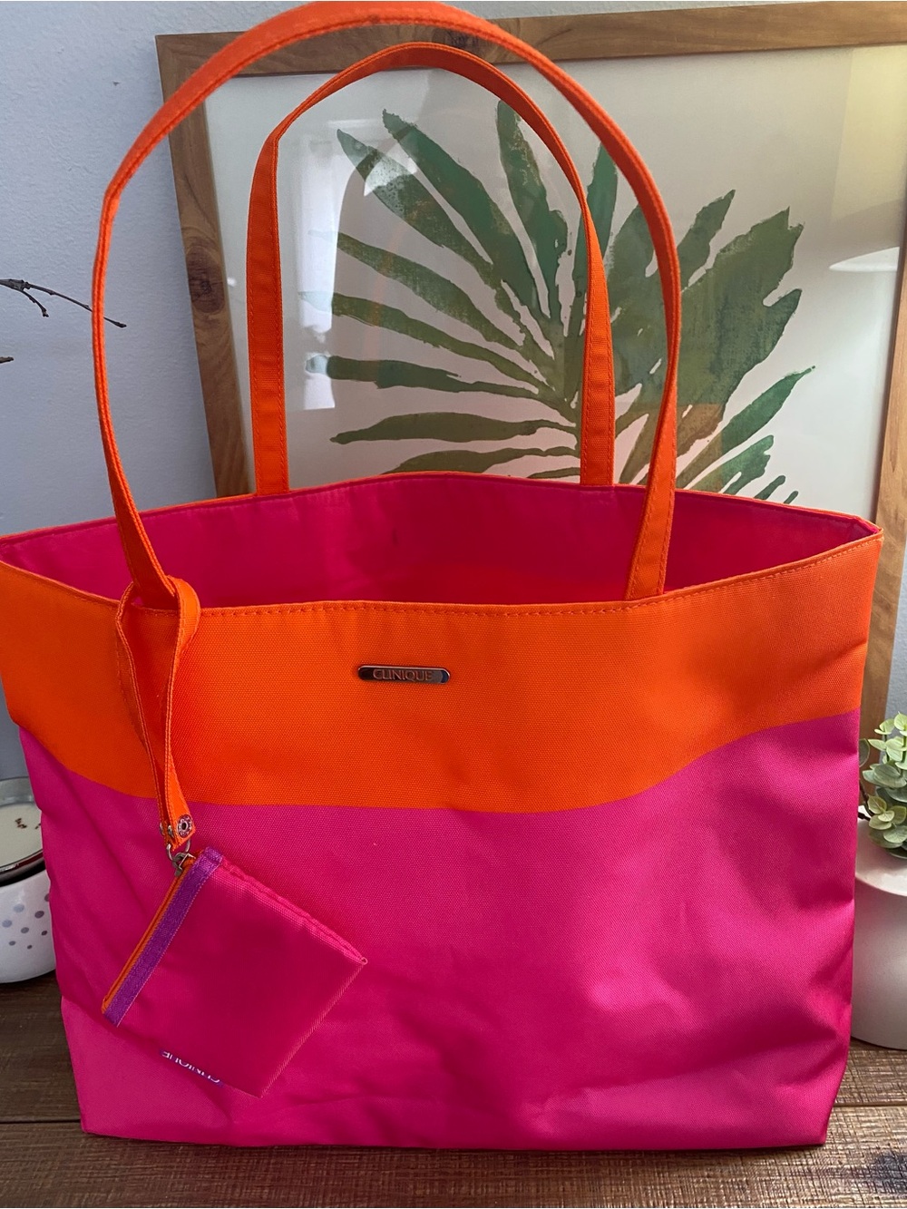 Clinique Orange and Pink Colorblock Tote with Matching Pouch